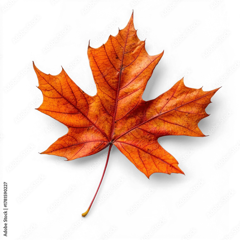 Fototapeta premium A single orange maple leaf against a white background.