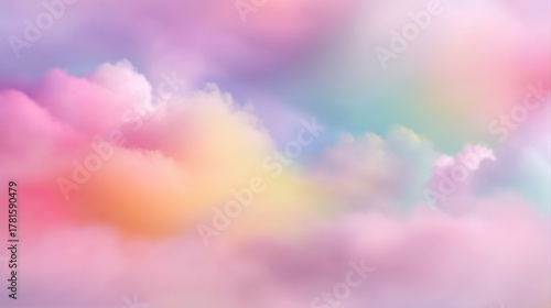 A soft, ethereal sky filled with pastel-colored clouds, blending shades of pink, orange, and blue, a dreamy atmosphere, blurred rainbow background