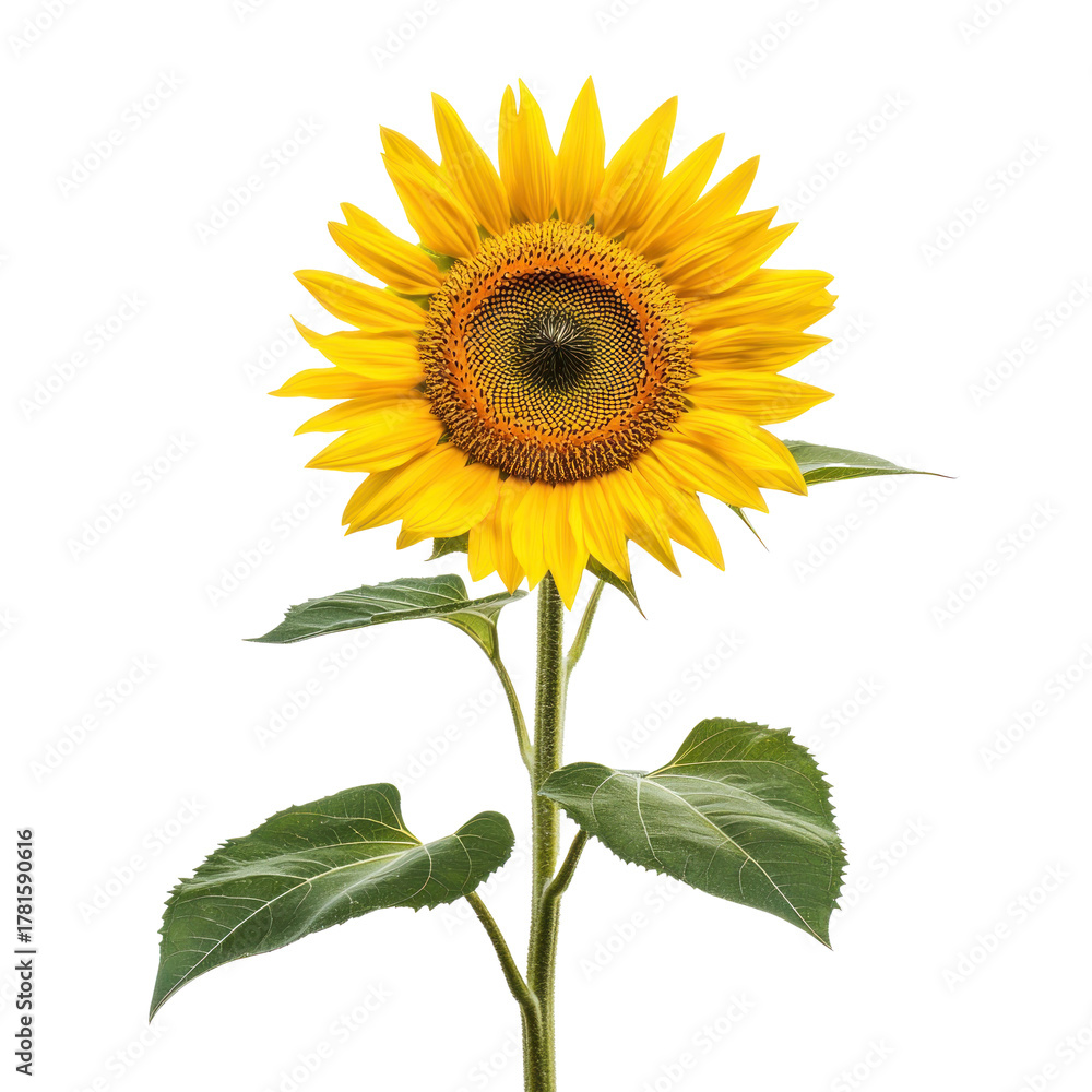 Fototapeta premium A single sunflower with vibrant yellow petals and a brown center, set against a white background.
