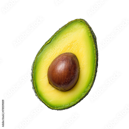 Fresh avocado half with seed, isolated on transparent background
