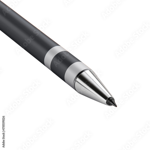 Black luxury ballpoint pen with metallic details, isolated on transparent background