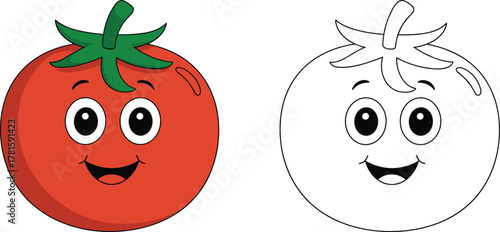 Cartoon tomato character, cute vegetable illustration, smiling fruit drawing, kids coloring page, happy tomato outline, fun food artwork