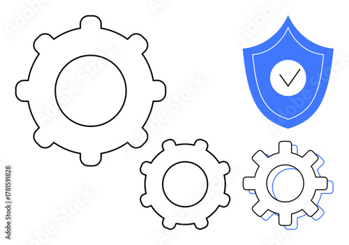 Three interlocking gears beside a blue shield with a checkmark. Ideal for teamwork, security, system reliability, protection, troubleshooting, workflow, digital safety. Simple flat metaphor