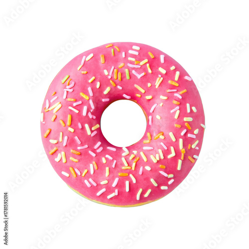 A delicious pink frosted donut with colorful sprinkles isolated on transparent background