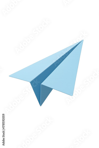 A simple 3d light blue paper airplane in flight symbolizing communication travel and childhood dreams isolated on transparent background