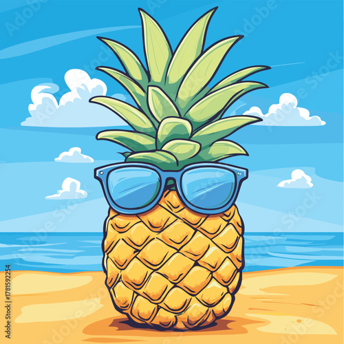 Tropical New Year Celebration, Pineapple with Sunglasses on the Beach.   , vector style simple color