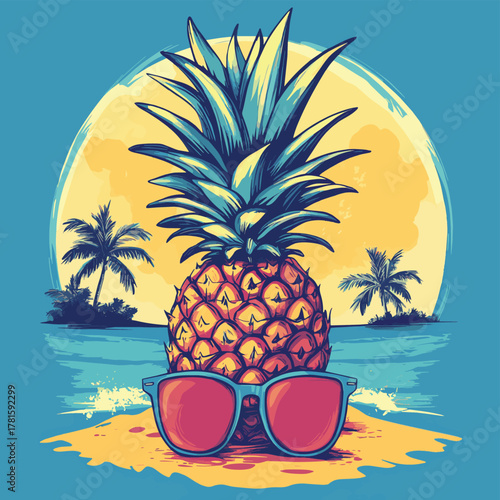 Tropical New Year Celebration, Pineapple with Sunglasses on the Beach.   , vector style simple color