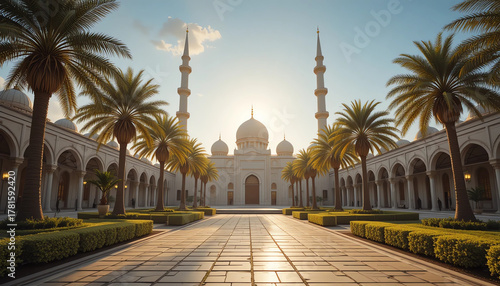 Golden sunlight over mosque garden with palm trees, tiled paths, and decorative lamps, AI-generated, 8K
