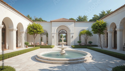 Serene Andalusian garden with marble fountain, arched walkway, and shadow play