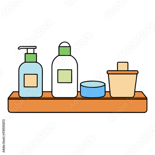 Bathroom toiletries set, dispenser, bottle, jar on wooden shelf