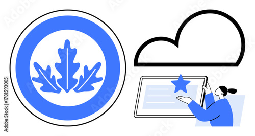 Blue eco-friendly certification badge, stylized cloud outline, user interacting with a tablet to select a starred item. Ideal for sustainability, technology, environment, cloud storage, data