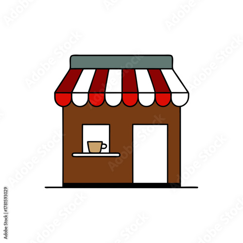 Minimalist cartoon coffee shop icon with a striped awning design