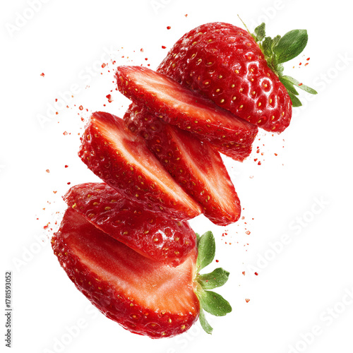 Stack of fresh sliced strawberries isolated on white background, flying fruit composition symbolizing sweetness, freshness, and healthy summer nutrition