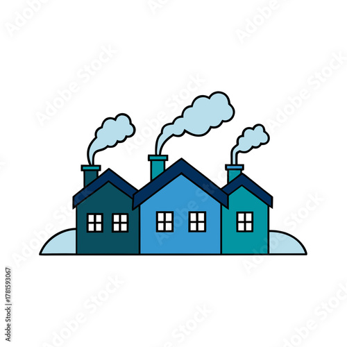 Blue cartoon houses with smoking chimneys on white background.