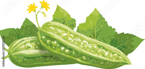 Bitter gourd with leaves supporting educational themes of plant diversity, natural cycles, and vegetable nutrition.
