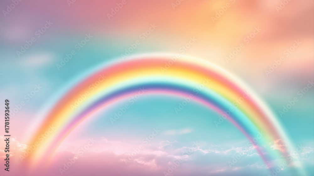 Fototapeta premium A vibrant rainbow arches across a pastel sky, blending colors with fluffy clouds below, a serene and dreamy atmosphere, blurred rainbow background
