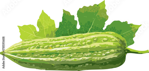 Green bitter melon with flowers teaching youth about healthy foods, natural cycles, and plant growth understanding.
