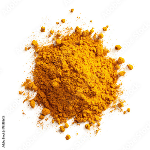 Golden turmeric powder pile isolated on white background, organic natural spice and herbal ingredient for cooking, wellness, and ayurvedic healing concept