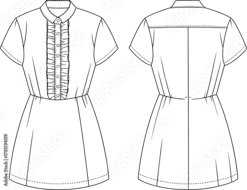 Technical Fashion CAD Flat Drawing Vector Illustration Short Shirt Dress Ruffle Placket Elasticated Waist Apparel Template Front and Back View Mockup