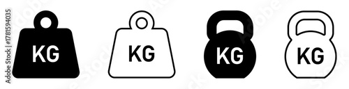 Set of weight, kettlebell and gym load symbols with KG text for fitness, training, workout and exercise themes. Outline and solid styles suitable for gym, sport.