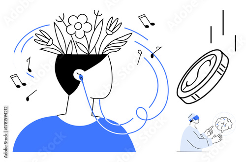 Person with flowers blooming from head listening to music, virtual reality user connecting to brain imagery. Ideal for creativity, mindfulness, relaxation, imagination, technology, innovation, mental