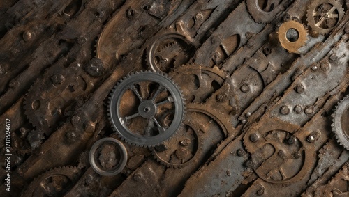 Rustic Industrial Gears and Cogs Background - A Close-Up of Weathered Metal Components and Mechanical Parts.