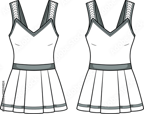 Technical Fashion CAD Flat Drawing Vector Illustration Tennis Dress Skort Athletic Sportswear Design Pleated Skirt Template Front and Back View Mockup