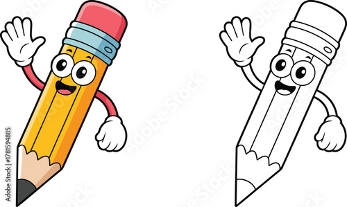 Cartoon pencil character illustration, cute school supply mascot, educational coloring page, happy stationery vector art, children learning activity design