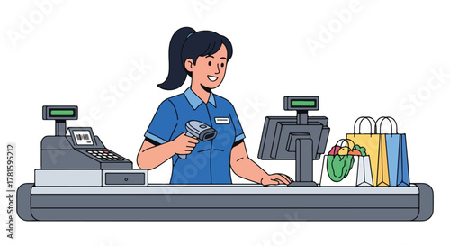 Cashier scanning items at checkout counter with bags of groceries.