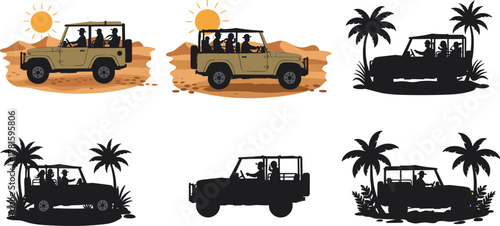 Safari vehicle illustration set, tour cars with passengers and palm trees, silhouette and color styles, cad drawing flat vector