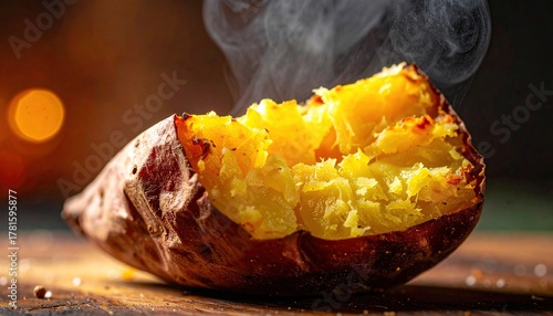 Hot steaming baked sweet potato on a rustic wooden table.
