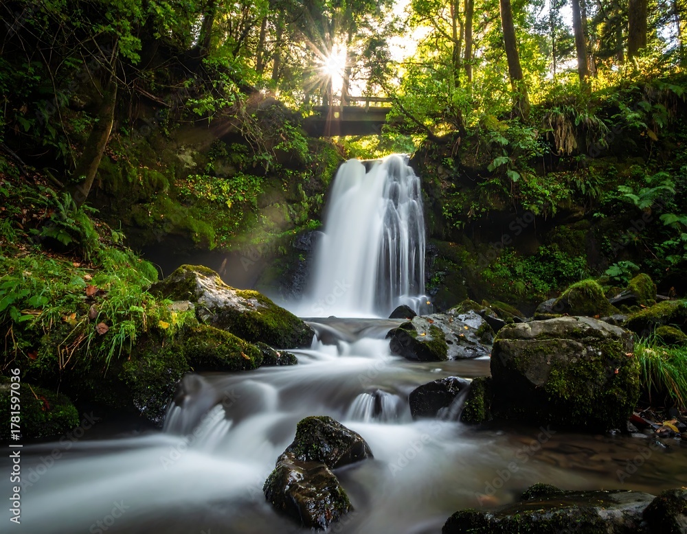 Obraz premium Serene waterfall cascading into a mossy pool, with bridge overhead, sunlit