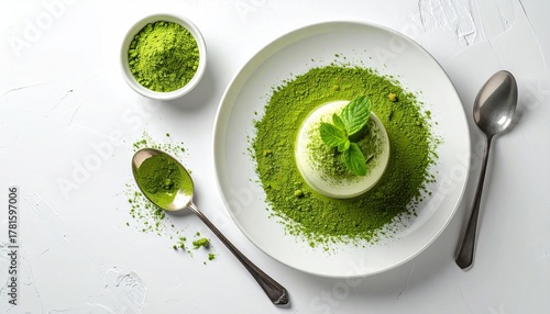 Delicious matcha green tea panna cotta dessert with mint garnish on a white plate top view.