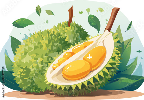 Contemporary vector poster of durian blending science visuals and storytelling, tailored to youth projects that highlight anatomy, ecology, local markets, and food literacy, fostering empathy, cultura