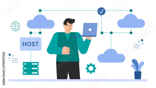 Flat Design Small Business Owner at Shop Counter Flat Vector Illustration