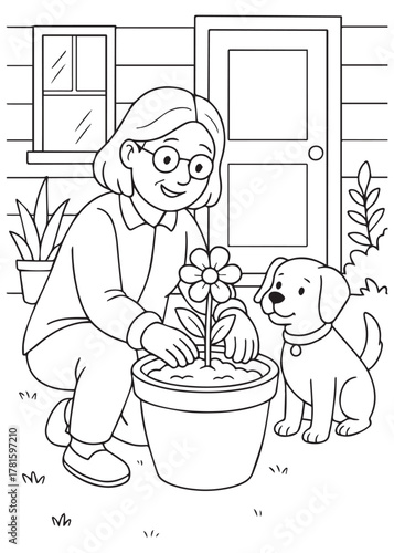 coloring book woman take care flowers with dog watching happily