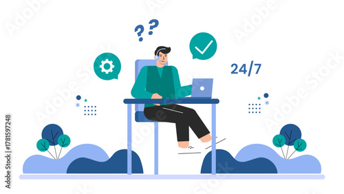 Flat Design IT Support and Tech Helpdesk Flat Vector Illustration
