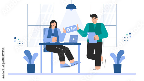 Business People Exchanging Business Cards Flat Vector Illustration