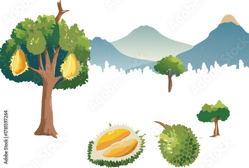 Clean poster concept featuring durian textures and creamy interior, crafted for cross-curricular units connecting botany, geography, and community health, inviting learners to map origins, measure rai