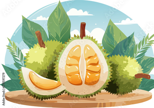 School-ready vector of durian that supports inquiry-based lessons on biodiversity, climate patterns, and responsible consumption, offering clear focal points for labels and diagrams, and promoting tea