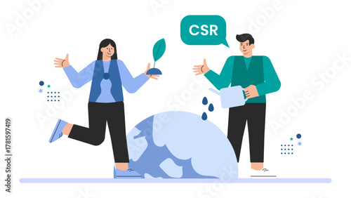 Business People Planting Trees for CSR Flat Vector Illustration
