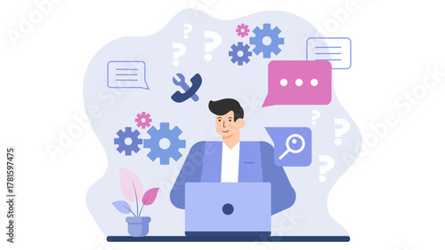 Flat Design IT Support and Tech Helpdesk Flat Vector Illustration