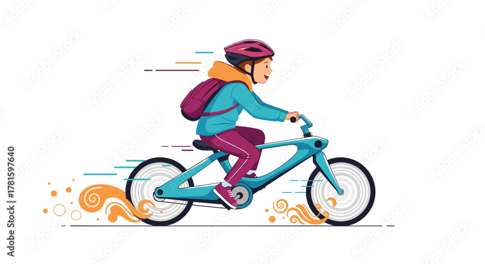 Fototapeta premium Enthusiastic child with helmet and backpack rides a modern bicycle quickly, shown with dynamic speed effects.