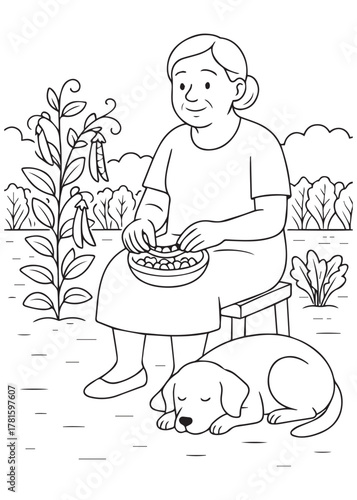 coloring book woman shelling beans beside sleeping dog in garden
