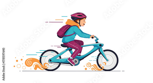 Enthusiastic child with helmet and backpack rides a modern bicycle quickly, shown with dynamic speed effects.