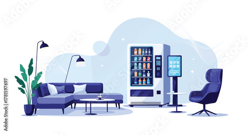 Modern lounge area with a comfortable L-shaped sofa, a vending machine, and a self-service kiosk, offering a convenient and relaxing break space.