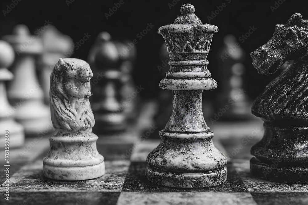 Fototapeta premium White and black pieces on chess board