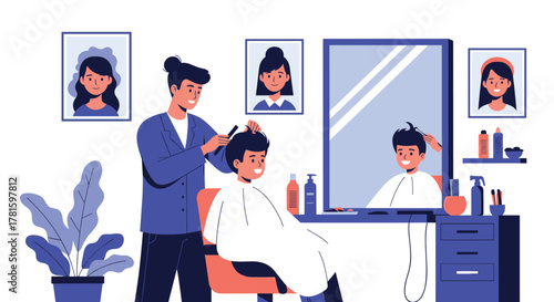 A cheerful barber cutting a young boy's hair in a modern barbershop with mirrors, hair products, and decorative pictures on the wall.