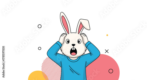 A shocked white cartoon rabbit in a blue shirt holds its head, eyes wide and mouth open in surprise, on a white background with abstract shapes.
