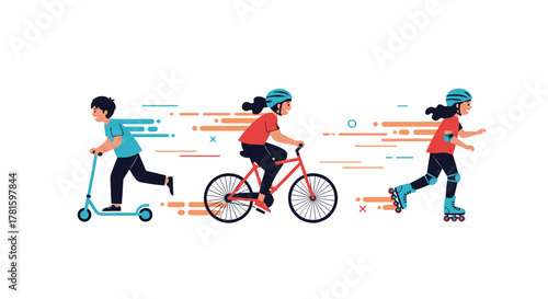 Children enjoying various outdoor activities like scootering, cycling, and rollerblading, depicted with dynamic motion lines.